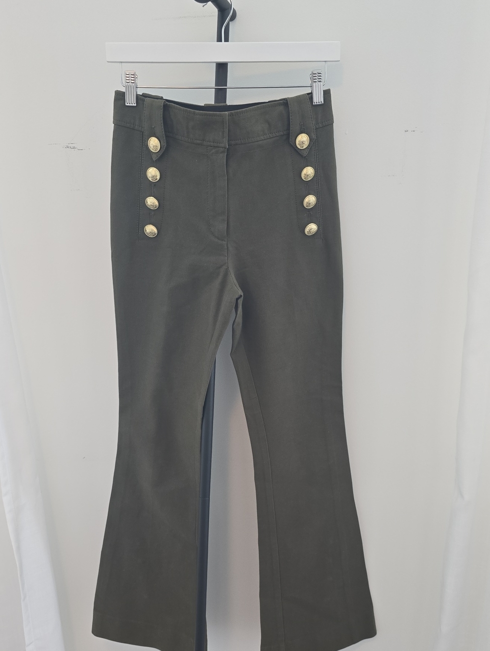 10 Crosby Derek Lam Olive Green Boot-Cut Pants with Gold Buttons